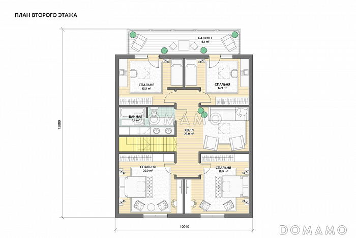 Проект двухэтажного каркасного дома с крытой террасой, сауной и балконом / План 2 этажа