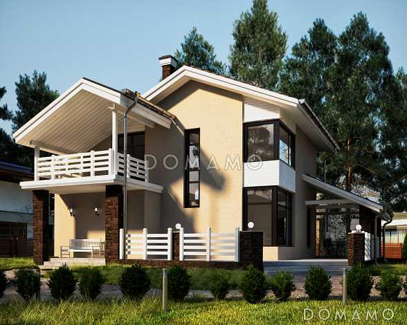 Проект дома с большой террасой, кухней с эркером, сауной, кладовой у лестницы