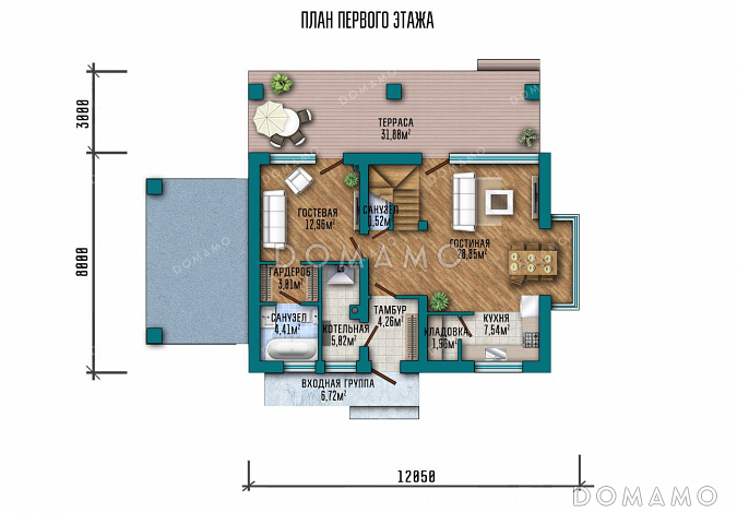 Проект дома с мансардой и навесом для авто / План 1 этажа
