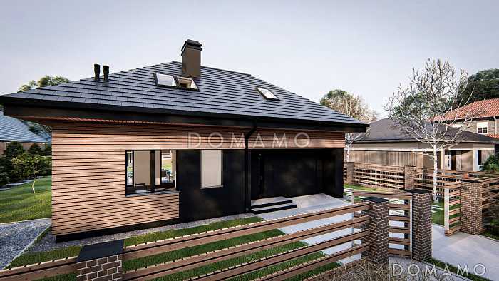 Проект комфортного одноэтажного загородного дома с мансардой, гаражом, санузлом на первом этаже, просторной дневной зоной