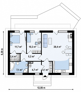 Проект простого компактного одноэтажного дома из газобетона с двумя спальнями и просторным хозяйственным помещением / План 1 этажа