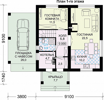 Проект дома из газобетона с мансардой / План 1 этажа