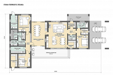 Проект дома Г-образной формы с утепленной террасой, соединяющей два блока: хозяйский и гостевой / План 1 этажа
