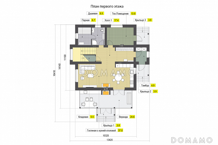 Проект дома с верандой c барбекю, кладовой под лестницей, парной и душевой, кабинетом и спальнями на мансардном этаже / План 1 этажа