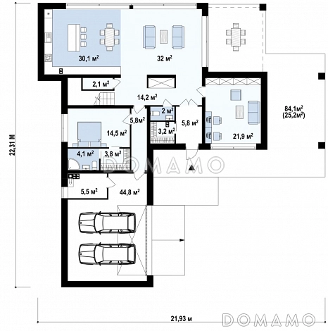 Проект просторного современного двухэтажного дома из газобетона с плоской крышей,  с верандой, гаражом и террасами на обоих этажах / План 1 этажа