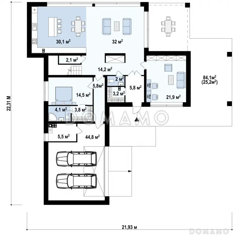 Проект просторного современного двухэтажного дома из газобетона с плоской крышей,  с верандой, гаражом и террасами на обоих этажах / План 1 этажа
