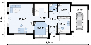 Проект мансардного дома из кирпича с гаражом, прямоугольным эркером и двумя балконами / План 1 этажа