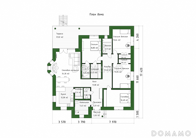Проект одноэтажного кирпичного дома с 4 спальнями, террасой и столовой-гостиной / План 1 этажа
