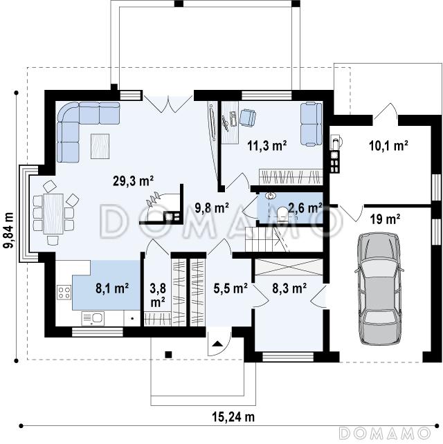 Проект одноэтажного мансардного дома из кирпича с остеклённым прямоугольным эркером, панорамными окнами на мансарде и гаражом / План 1 этажа
