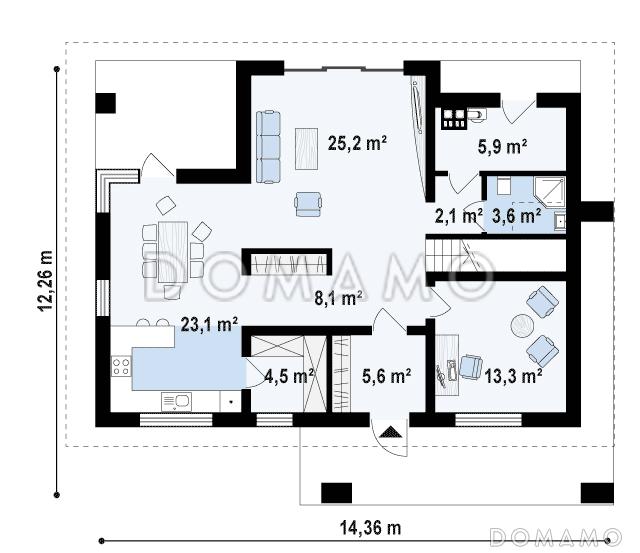 Проект одноэтажного мансардного дома из кирпича с угловой террасой / План 1 этажа