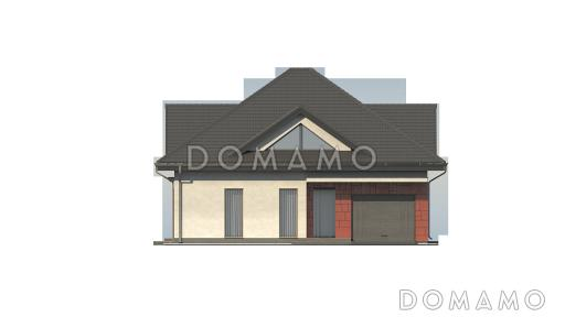 Проект одноэтажного мансардного коттеджа из кирпича с большой площадью остекления в гостиной, кабинетом и гаражом / Фасад 2