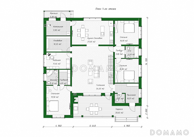 Проект одноэтажного дома с 3 спальнями, кабинетом и антресолью на чердаке / План 1 этажа