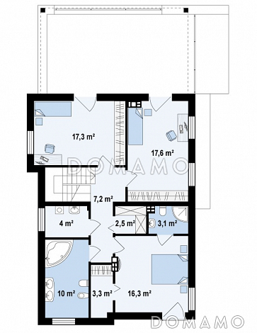 Проект современного двухэтажного дома из кирпича в стиле модерн, с террасой на втором уровне и встроенным гаражом / План 2 этажа