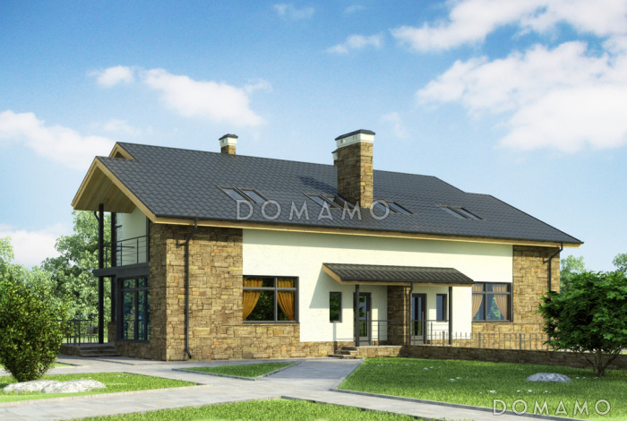 Проект дома на две семьи с большой кухней-столовой, гостиной с камином, террасой, длинным балконом