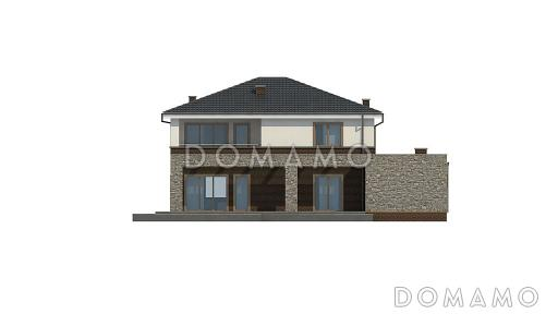 Проект просторного современного двухэтажного дома из кирпича с тремя спальнями, кабинетом, гаражом и сауной / Фасад 1