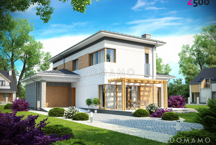 Проект современного двухэтажного дома из кирпича с четырьмя спальнями и пристроенным гаражом