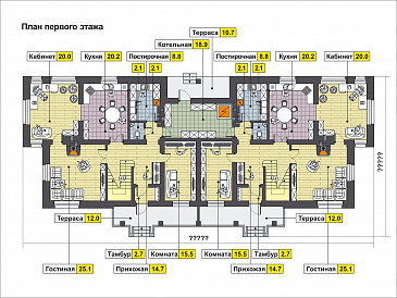 Проект загородного дома с изолированной кухней, крытой террасой, лоджиями, вторым светом / План 1 этажа