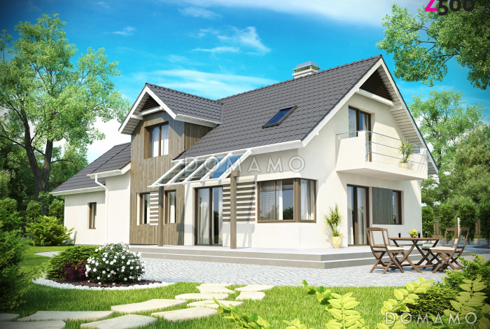 Проект просторного одноэтажного дома из газобетона с тремя спальнями и подсобным помещением на мансардном этаже и со встроенным гаражом