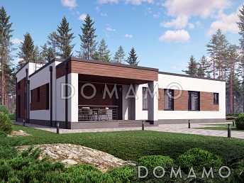 Проект одноэтажного газобетонного дома в стиле хай-тек с плоской кровлей и просторной террасой