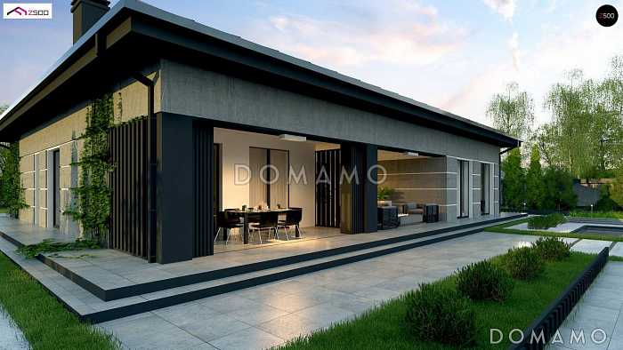 Проект оригинального одноэтажного дома из кирпича с крытой парковкой внутри дома