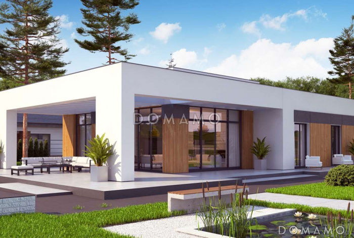 Проект современного одноэтажного дома из кирпича с плоской крышей, с четырьмя комнатами и одноместным гаражом