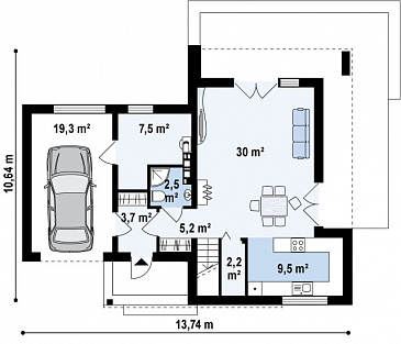 Проект современного двухэтажного дома из кирпича с тремя спальнями и террасой над одноместным гаражом / План 1 этажа