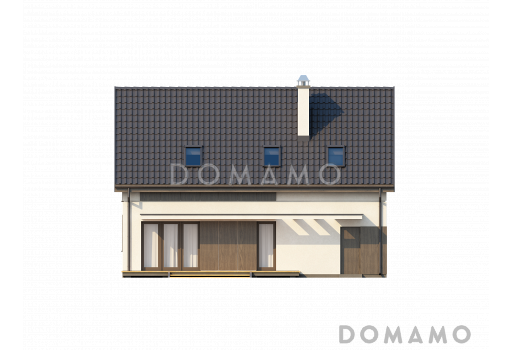 Проект одноэтажного мансардного дома из газобетона с частично крытой террасой и гаражом  / Фасад 1