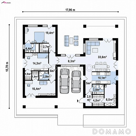 Проект оригинального одноэтажного дома из газобетона с крытой парковкой внутри дома / План 1 этажа