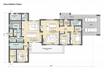 Проект углового дома с террасами, местами для хранения и просторной кухней-столовой-гостиной / План 1 этажа