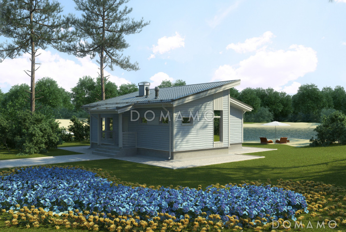 Проект одноэтажного каркасного дома с одной спальней, сауной и крытой террасой