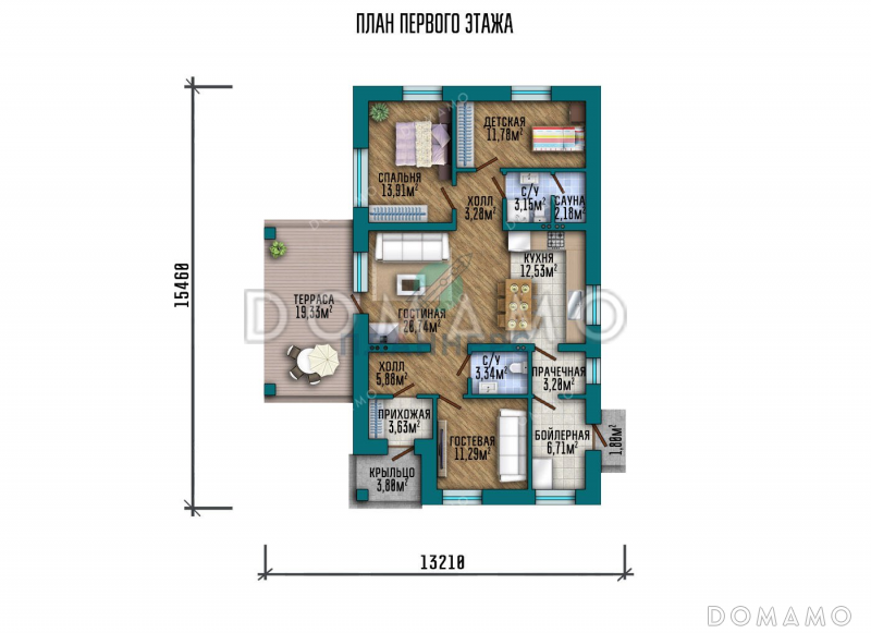 Проект одноэтажного дома с двумя спальнями и террасой / План 1 этажа