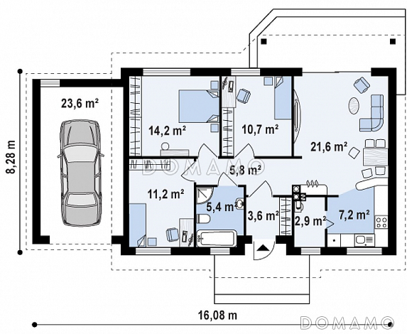 Проект компактного одноэтажного дома из кирпича с тремя спальнями, небольшой крытой террасой и гаражом / План 1 этажа