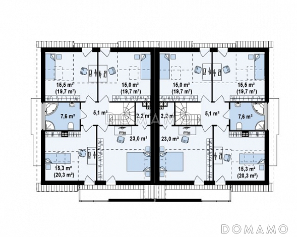 Проект современных мансардных домов-близнецов из газобетона с гаражом, слуховым окном и балконом / План мансардного этажа