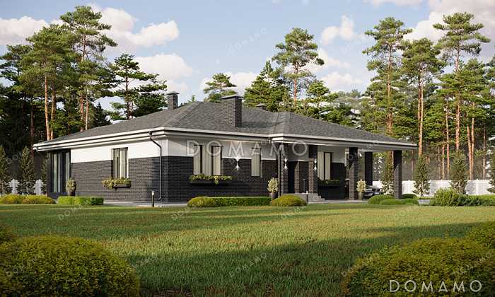 Проект большого одноэтажного дома с пристроенным гаражом, просторной кухней-гостиной, крытой застекленной верандой и навесом перед гаражом