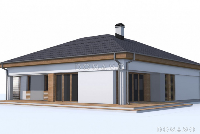 Проект одноэтажного дома из кирпича с дневной зоной в тыльной части дома и выходом на большую террасу