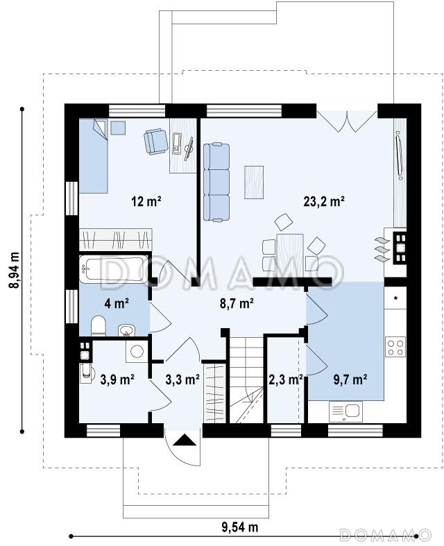 Проект одноэтажного мансардного дома из кирпича в современном исполнении с четырьмя комнатами и балконом / План 1 этажа