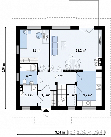 Проект одноэтажного мансардного дома из кирпича в современном исполнении с четырьмя комнатами и балконом / План 1 этажа