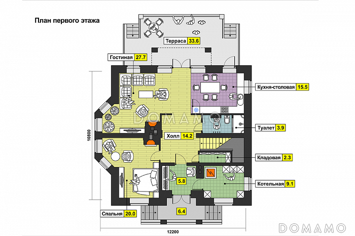 Двухэтажный дом с открытой большой террасой, тремя балконами, эркером / План 1 этажа