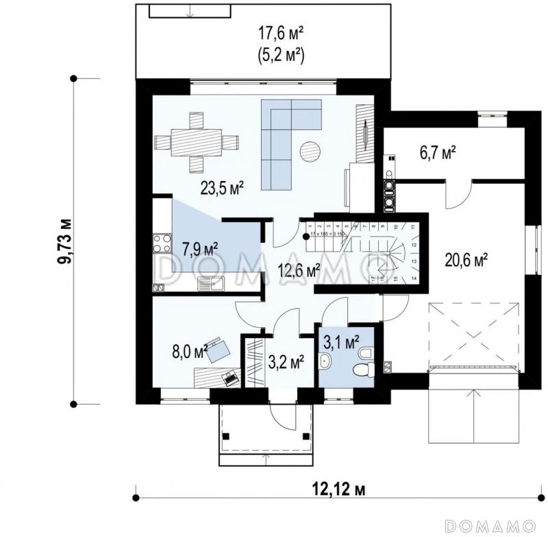 Проект классического одноэтажного мансардного дома из кирпича с четырьмя спальнями и гаражом / План 1 этажа