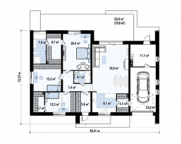 Проект одноэтажного дома с гаражом на одну машину, кладовой на кухне, хозяйской спальней, просторной гостиной с выходом на террасу / План 1 этажа