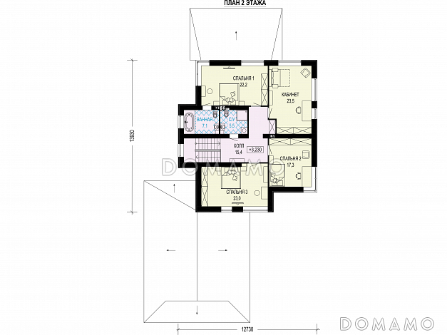 Проект загородного дома с гаражом на две машины, террасой, отдельной гардеробной при входе / План 2 этажа