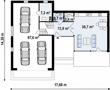 Проект современного двухэтажного дома из кирпича с плоской крышей, с двумя спальнями и подземным гаражом / План 1 этажа