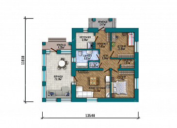 Проект одноэтажного дома с большим чердаком, просторной крытой верандой и двухскатной кровлей / План 1 этажа