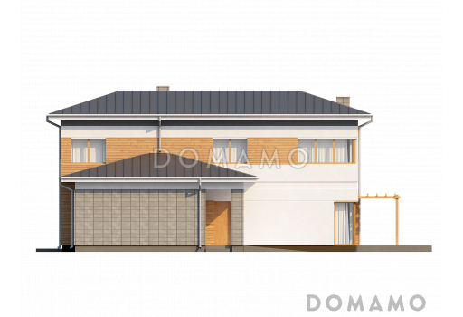 Проект современного двухэтажного дома из кирпича с четырьмя спальнями и пристроенным гаражом / Фасад 2