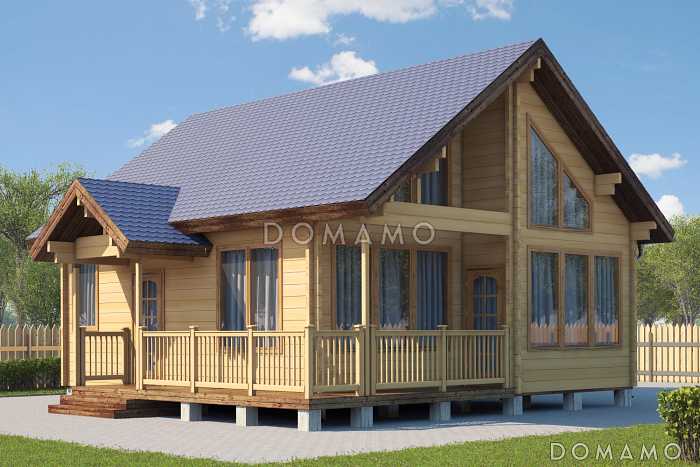 Проект дома из клееного бруса со вторым светом и двумя спальнями на мансардном этаже