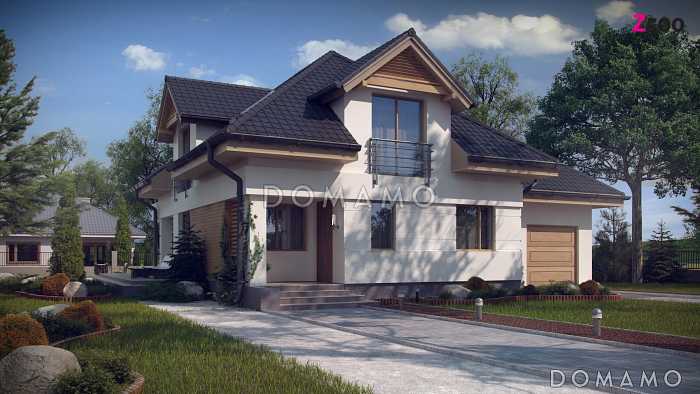 Проект одноэтажного мансардного дома из газобетона с кабинетом, гаражом и комнатой над гаражом