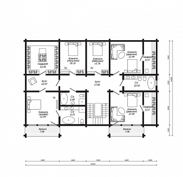 Проект двухэтажного дома мз клееного бруса с бассейном, джакузи, зоной отдыха, сауной, постирочной и душевой комнатой / План 2 этажа
