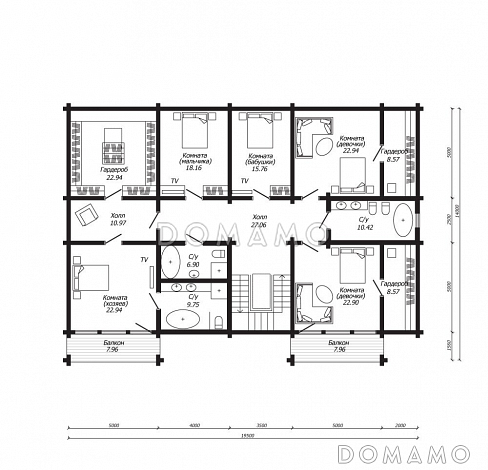 Проект двухэтажного дома мз клееного бруса с бассейном, джакузи, зоной отдыха, сауной, постирочной и душевой комнатой / План 2 этажа