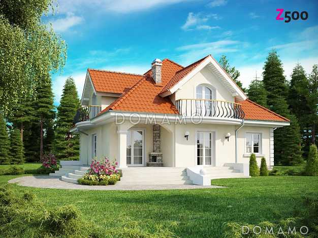 Проект одноэтажного мансардного дома из газобетона с двумя балконами и барбекю на террасе 