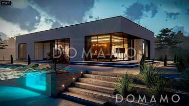 Проект современного одноэтажного дома с плоской кровлей и гаражом на две машины